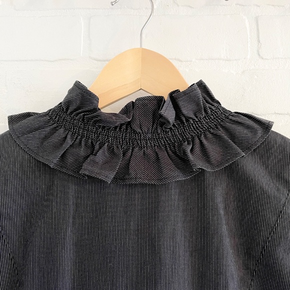 JOSEF Pencil Dress Pinstripe Charcoal Black/White Ruffled V neckline Luxury 10 - Picture 7 of 12